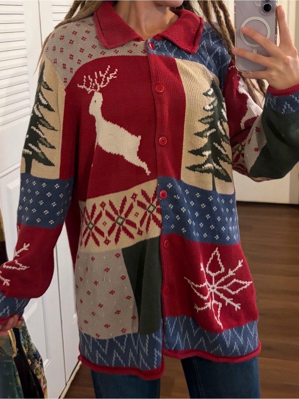 Cherokee Red Patchwork Holiday Cardigan with Tree and Reindeer Motifs